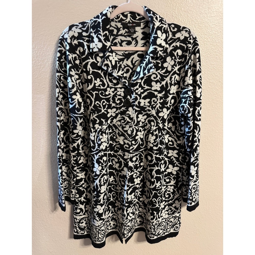 Style & Co. Floral Cardigan Sweater‎ Button Front Black White Size L